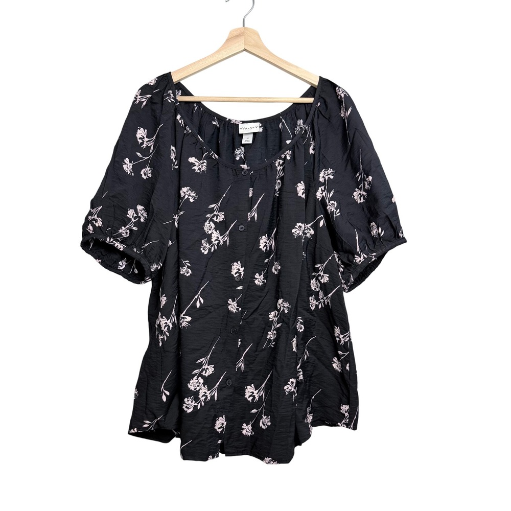 Ava & Viv Women 1X Black Pink Floral Puff Sleeve Button‎ Front Blouse Top